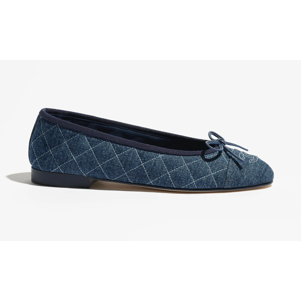 Chanel 26P Washed Denim Blue Quilted CC Logo Bow Tie Ballet Ballerina Flat 37.5 - Picture 3 of 16